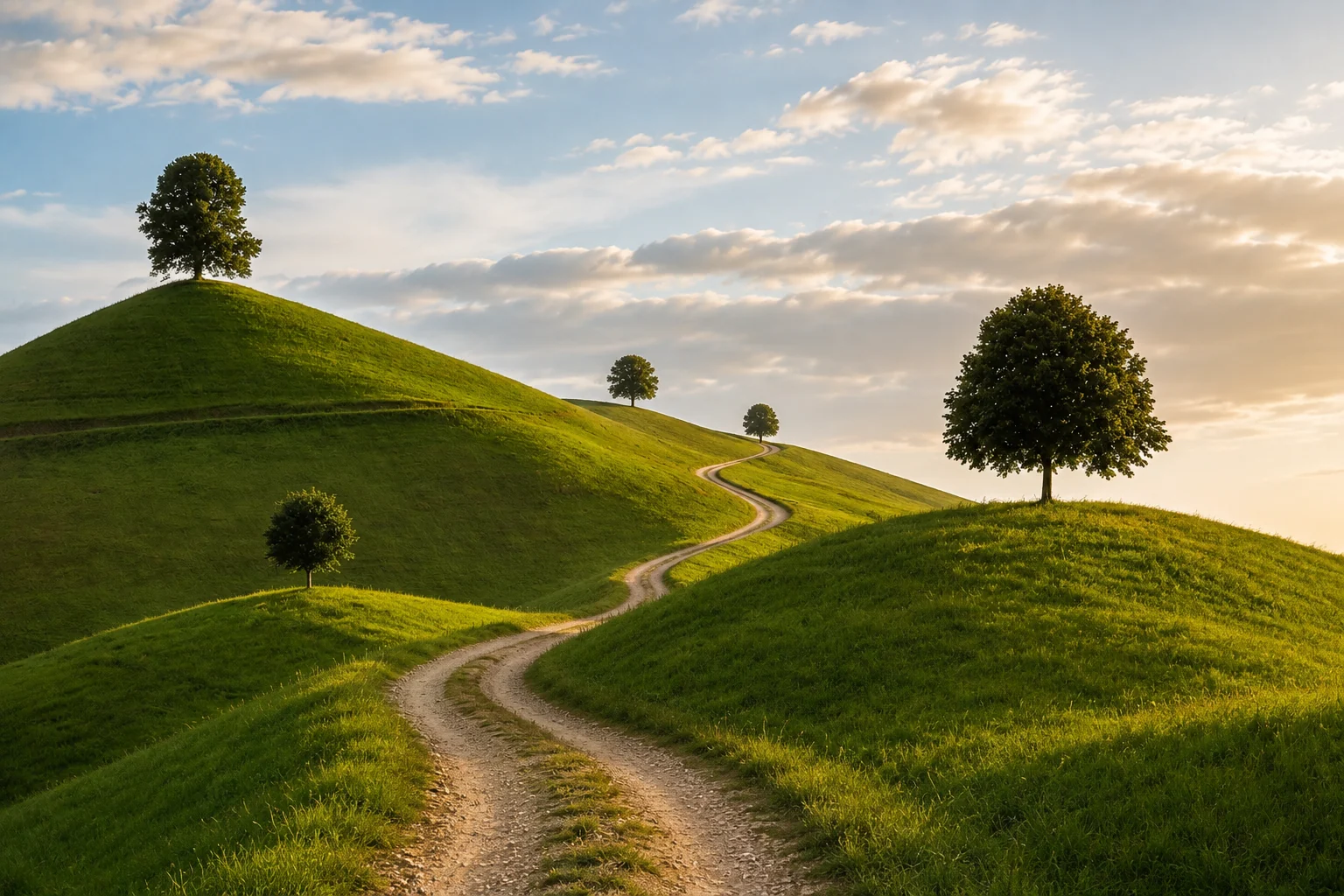 Colline verdi con alberi e sentiero
